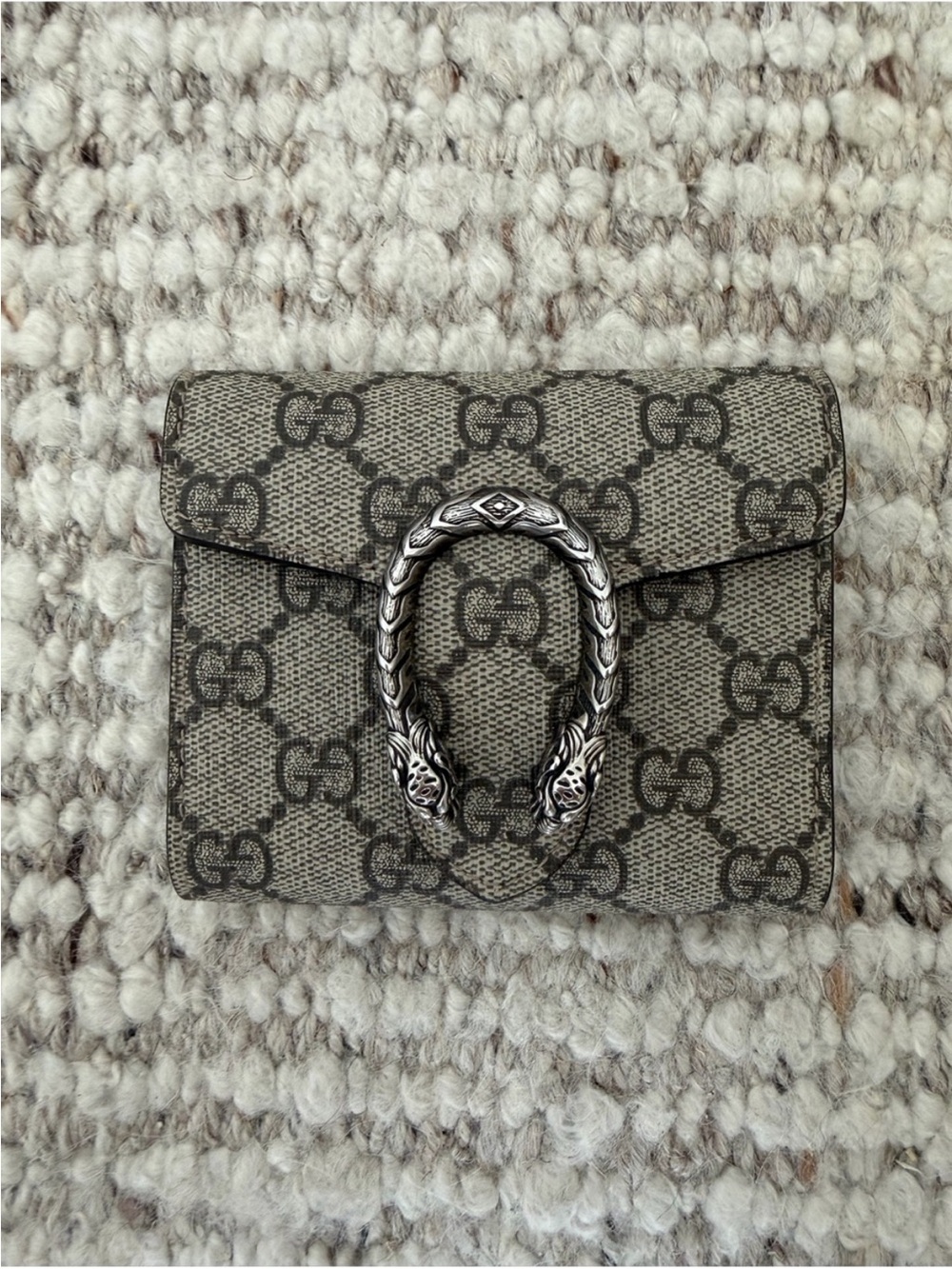 Fashion, Gucci Gray GG Supreme Dionysus Compact Wallet